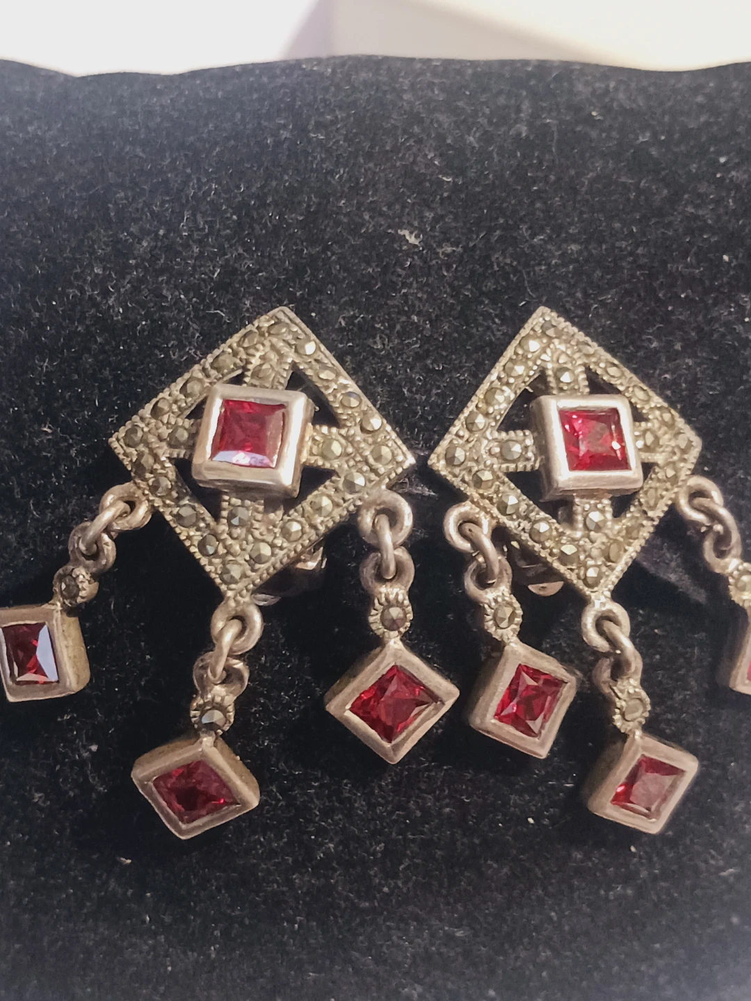 Art Deco Sterling Silver Marcasite Garnet Stone Earrings - photo 2