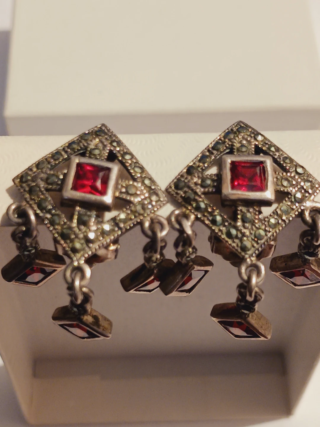 Art Deco Sterling Silver Marcasite Garnet Stone Earrings - photo 4