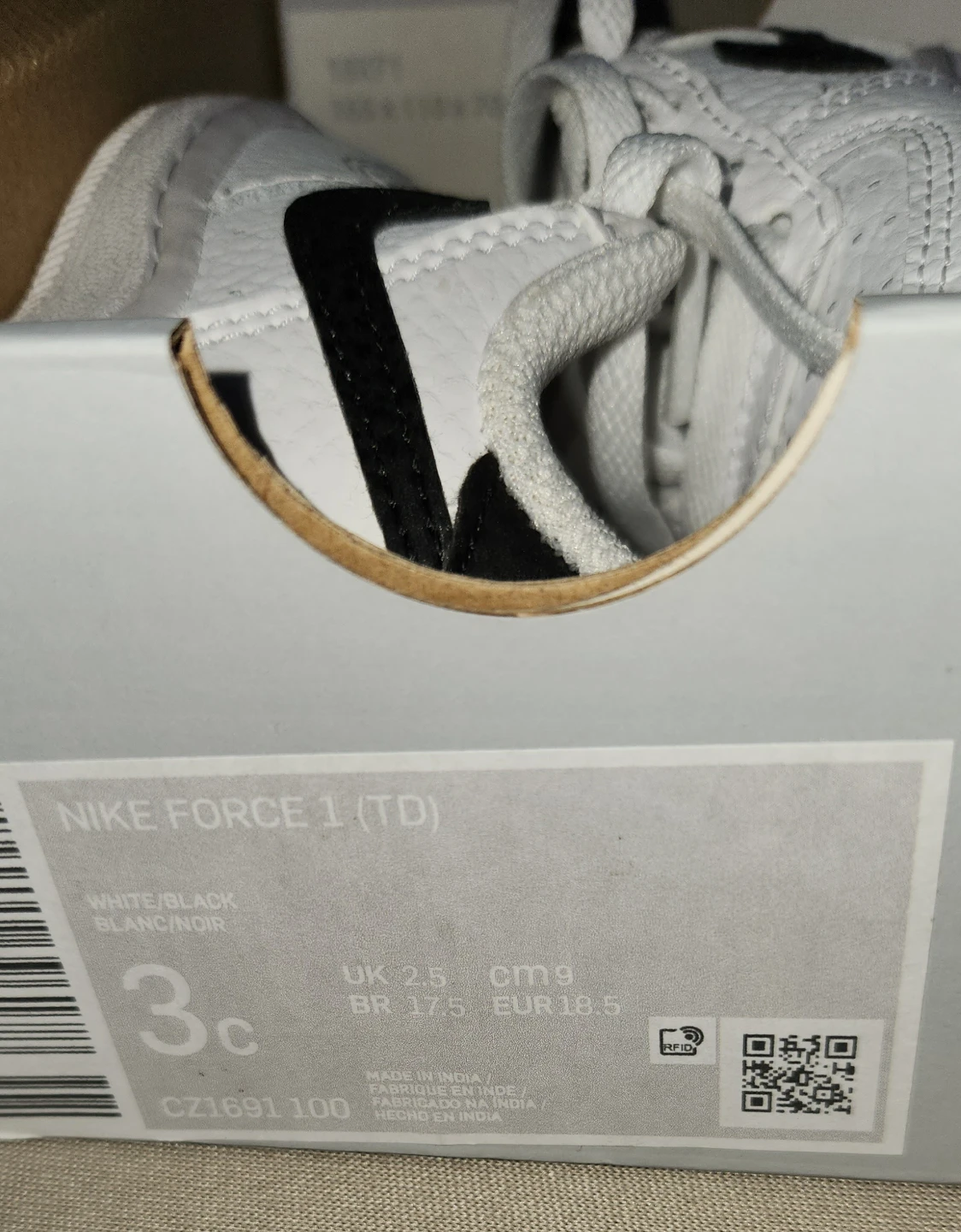 Nike Force 1 TD Toddler Shoes White/Black Size 3c