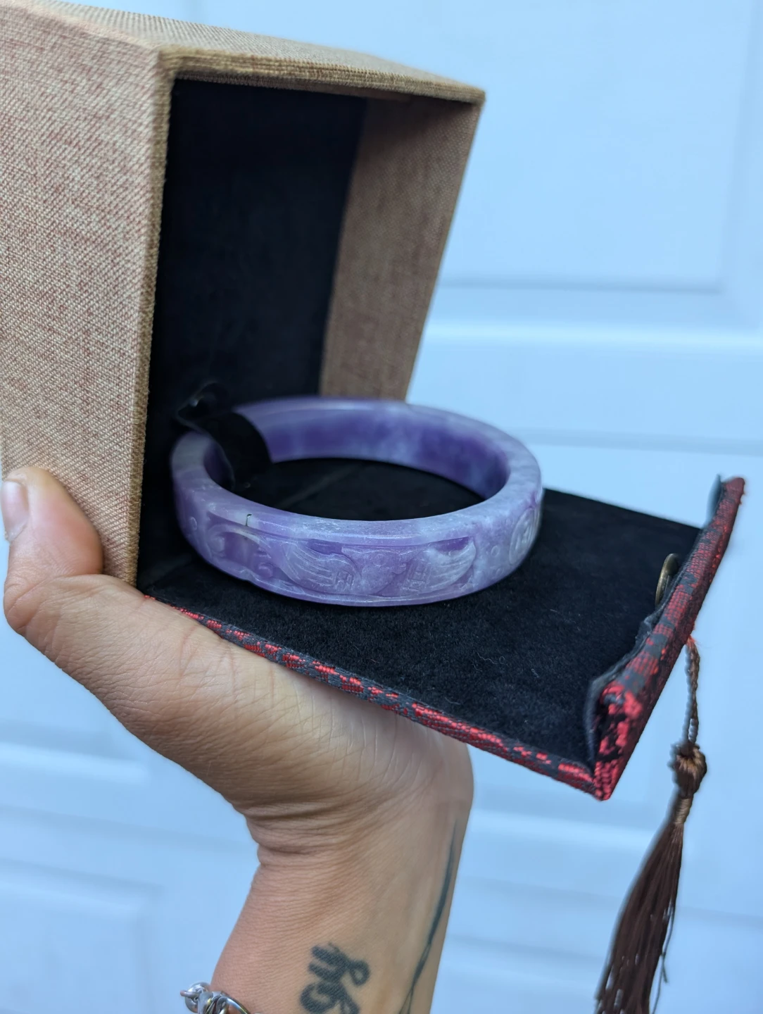 ⚽Purple Jade Bangle Bracelet with Carvings - photo 3