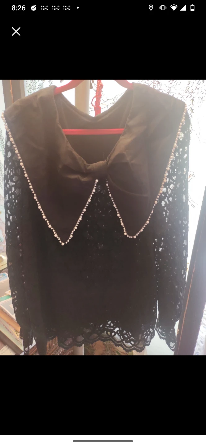 Black Lace Blouse with Pearl Collar