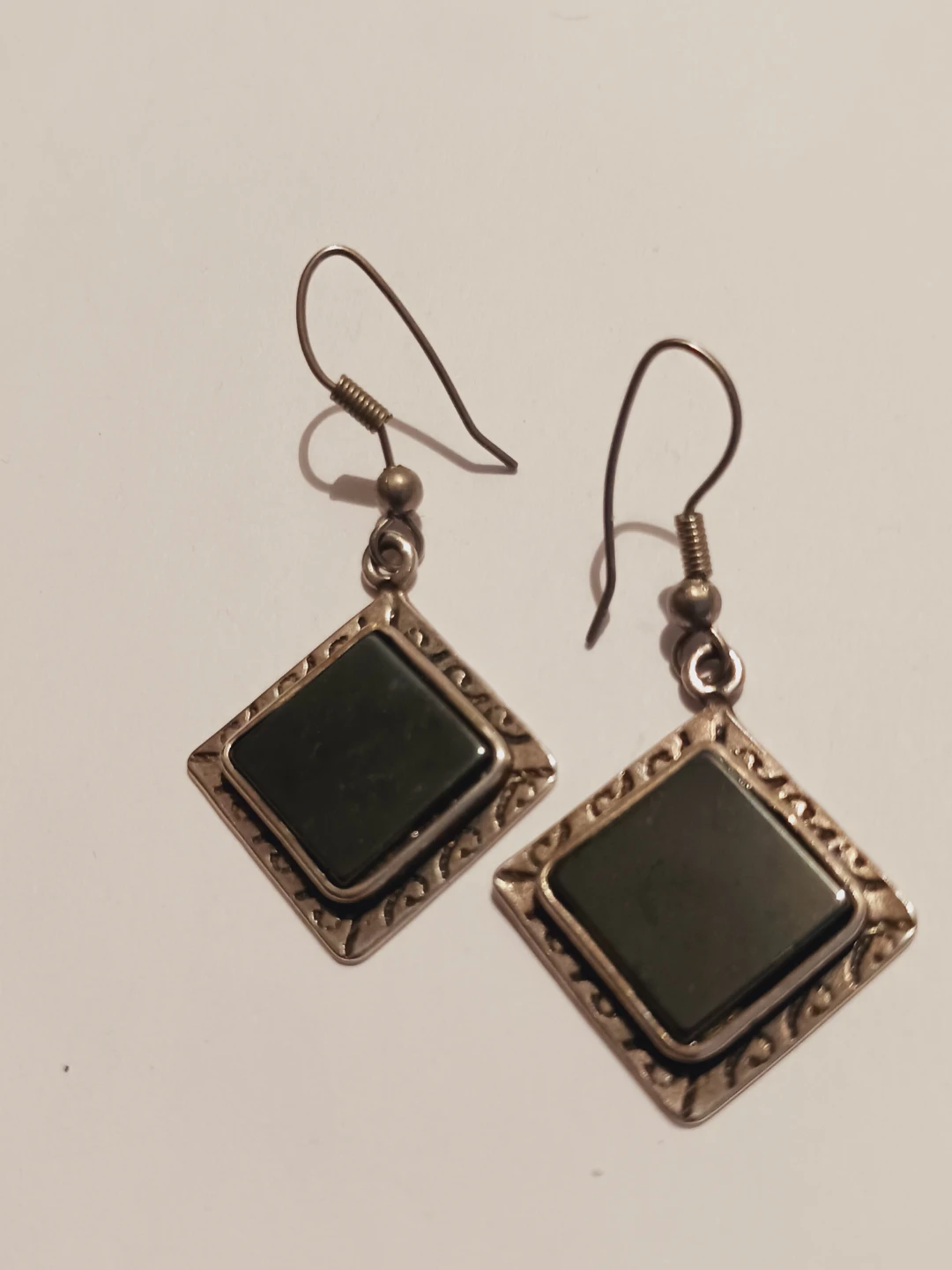 Sterling Silver 925 Obsidian Stone Diamond Drop Earrings - photo 3
