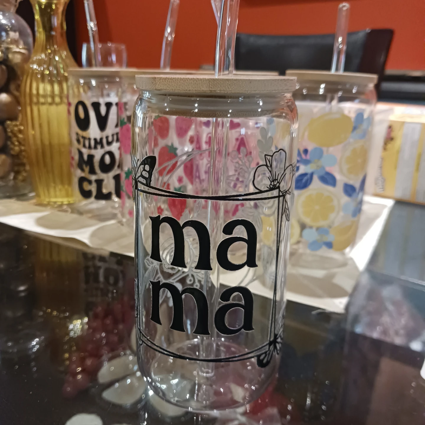 "Mama" & Floral Print Glass Tumblers with Straws