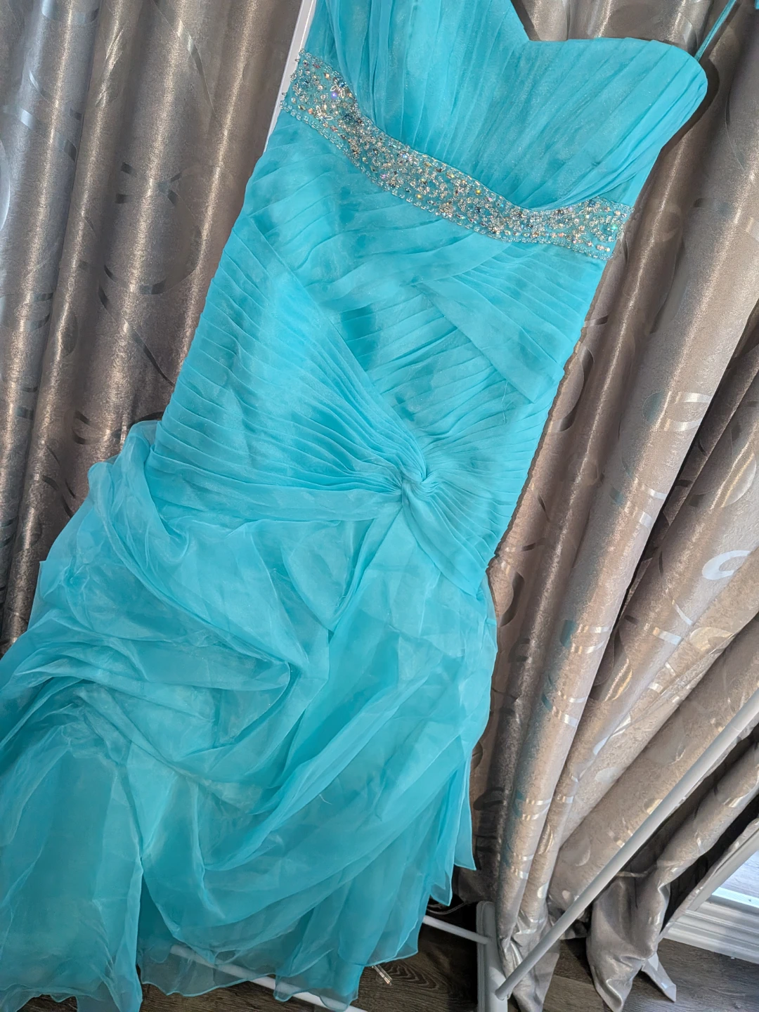 Turquoise Strapless Gown with Rhinestone Belt - photo 2