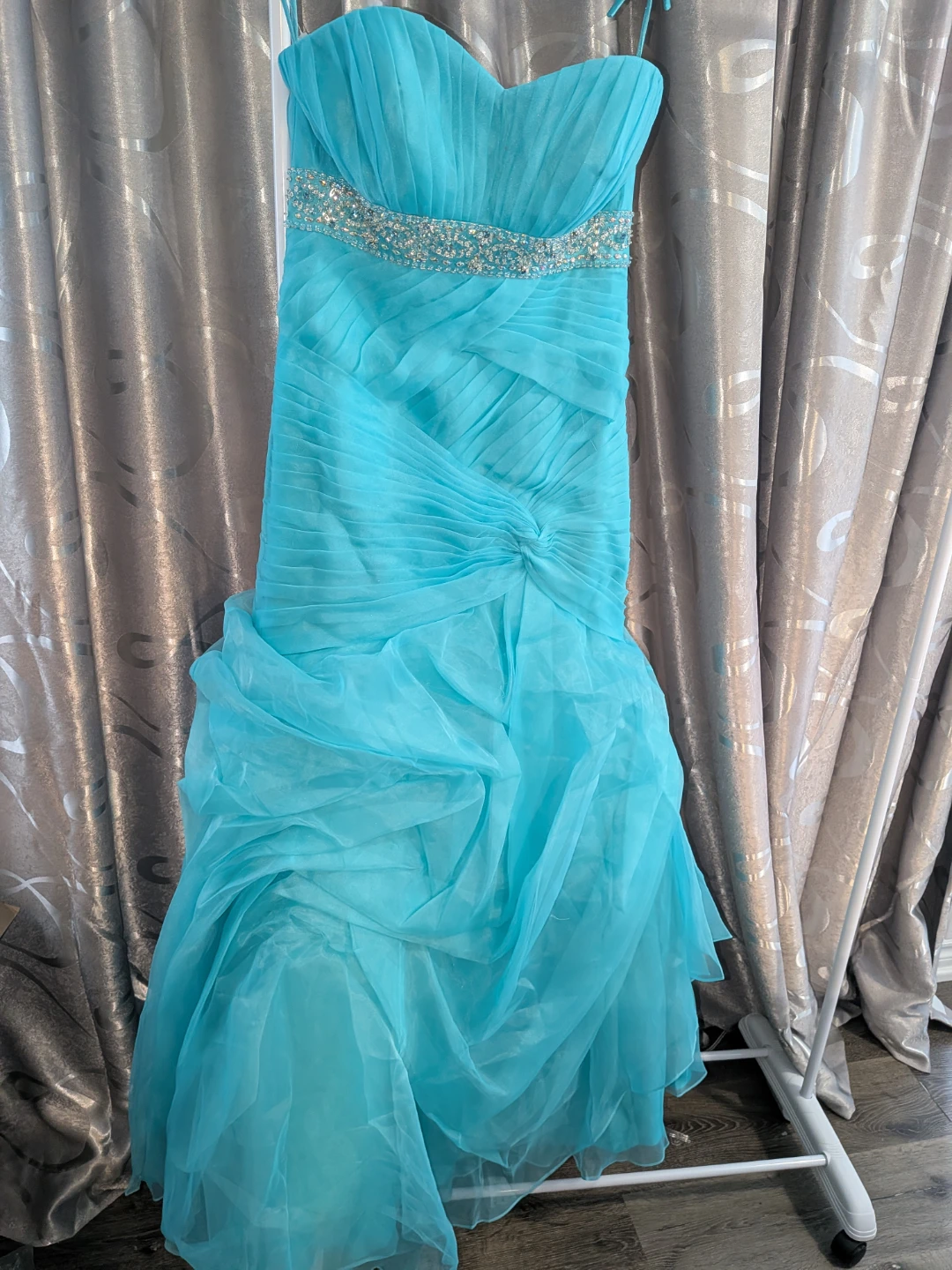 Turquoise Strapless Gown with Rhinestone Belt - photo 3