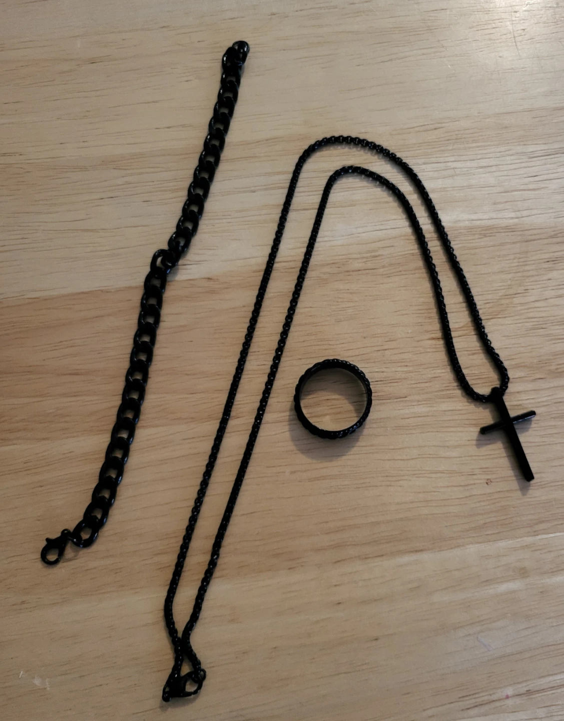Mens Black Cross Necklace, Chain, and Ring Set