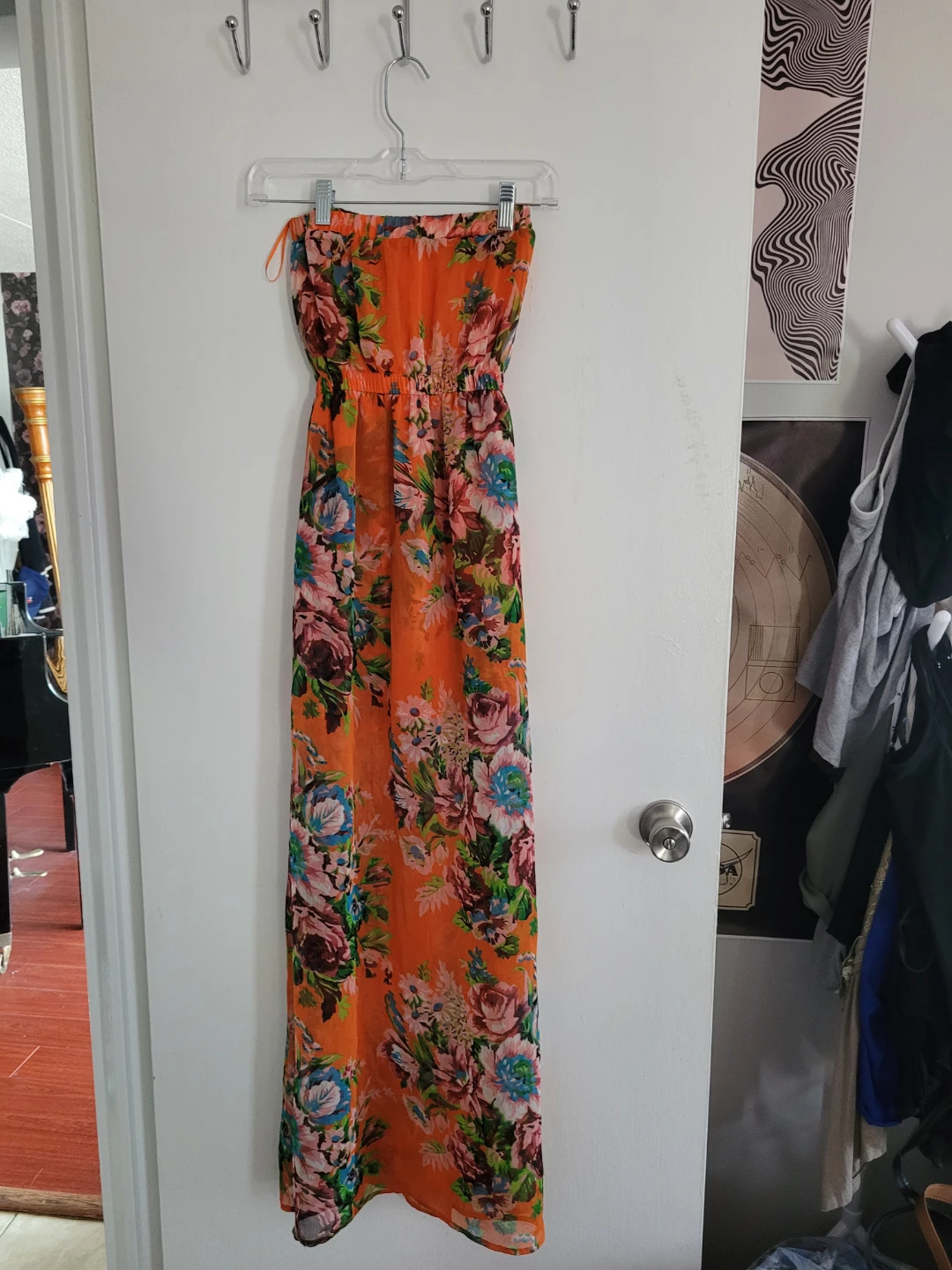Orange Floral Strapless Maxi Dress