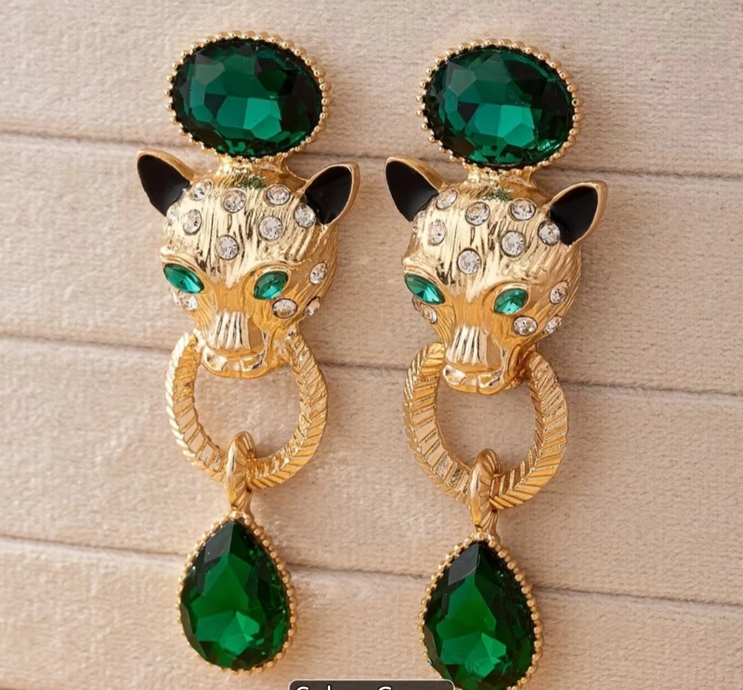 Gold Leopard Head Dangle Earrings with Emerald Green Gems