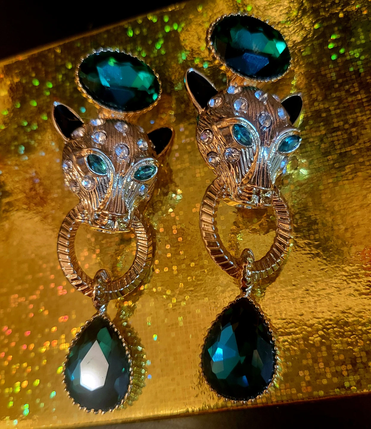 Gold Leopard Head Dangle Earrings with Emerald Green Gems - photo 2