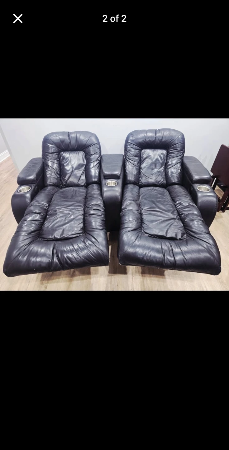 Black Leather Double Recliner Theater Chairs with Cup Holders - photo 2