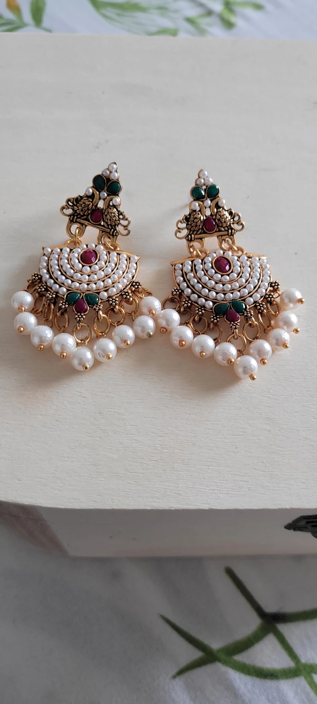Gold Toned Earrings with Pearls and Red & Green Stones