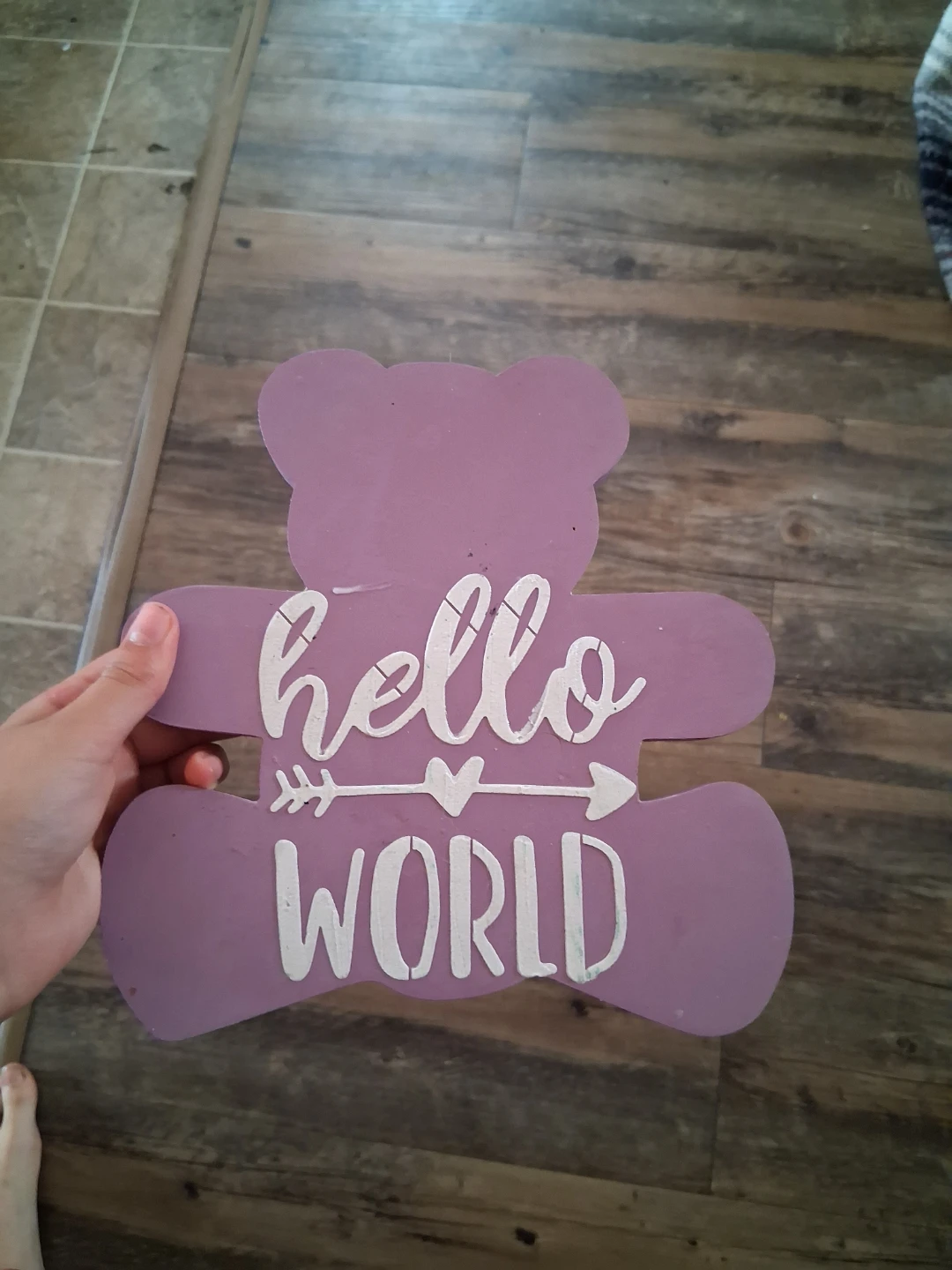 Purple Teddy Bear "Hello World" Wooden Sign