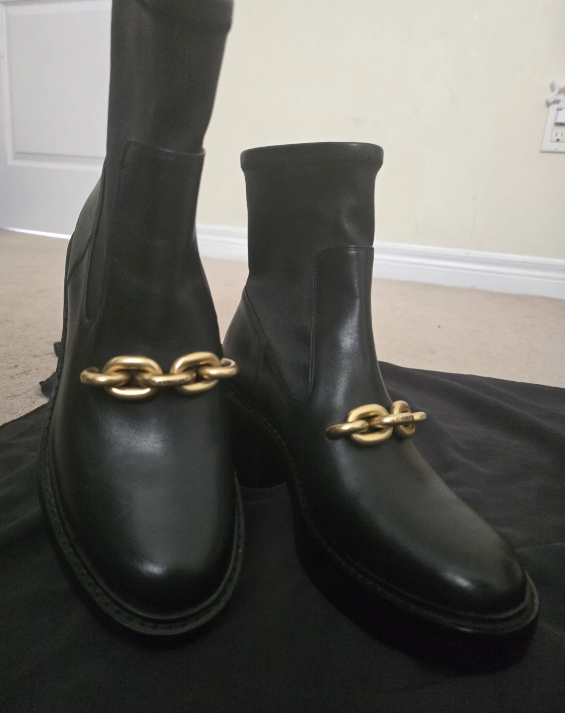 Coach Black Leather Ankle Boots with Gold Chain Detail - photo 2