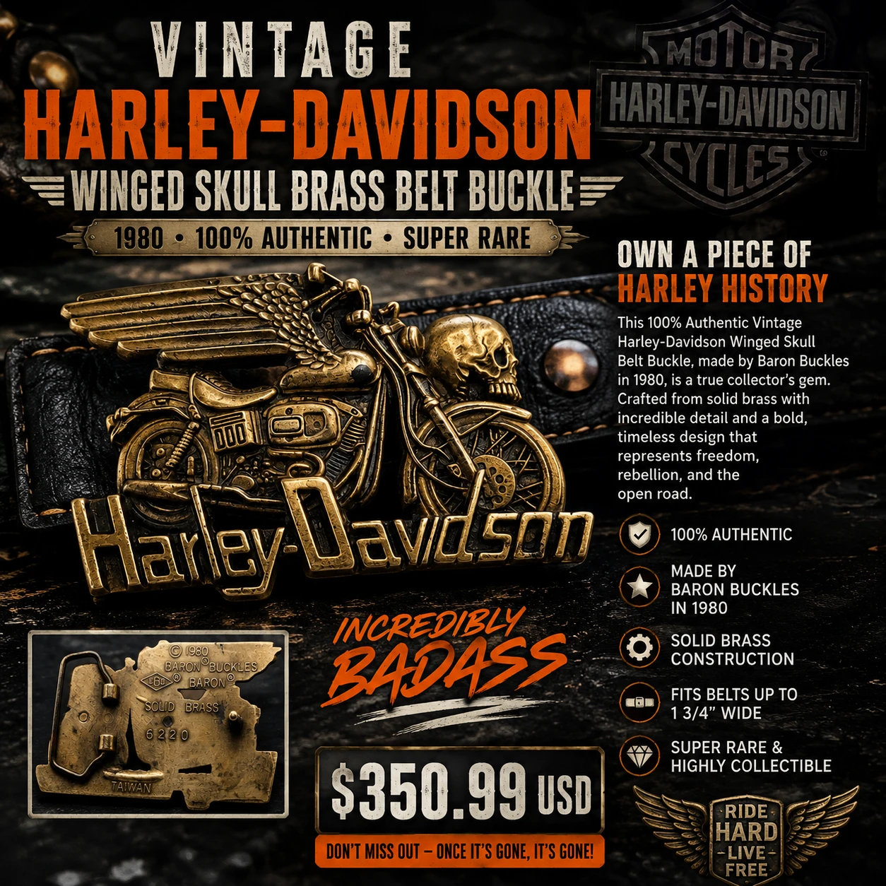 Vintage Harley-Davidson Winged Skull Brass Belt Buckle