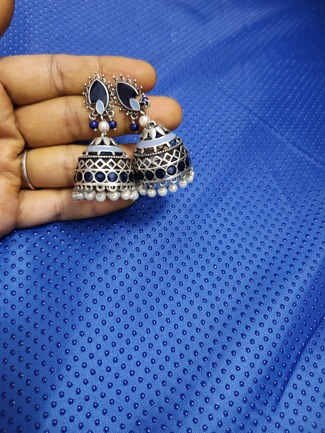 Silver Tone Jhumka Earrings with Blue and White Accents