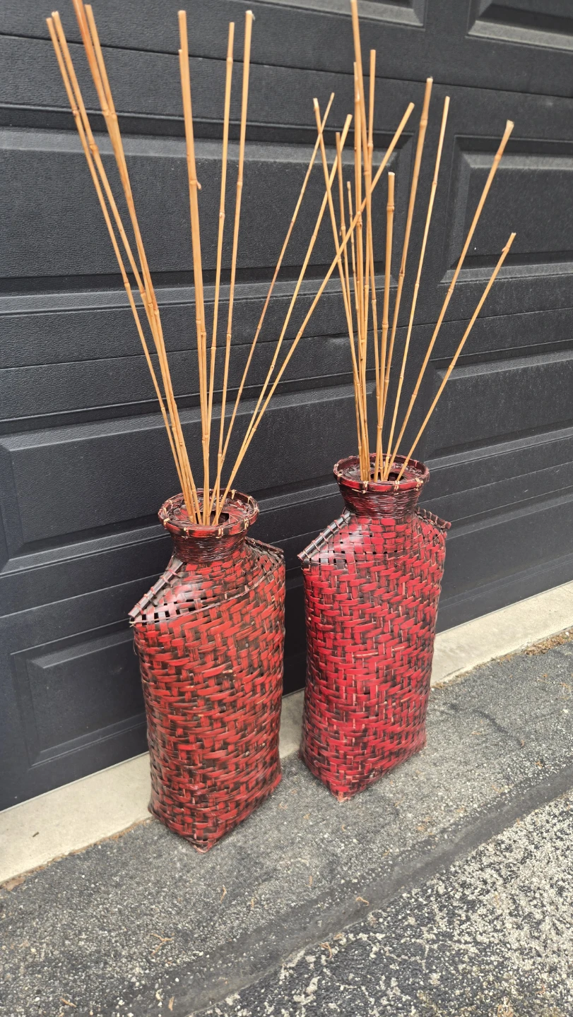 Set of 2 Red Woven Vases with Reeds