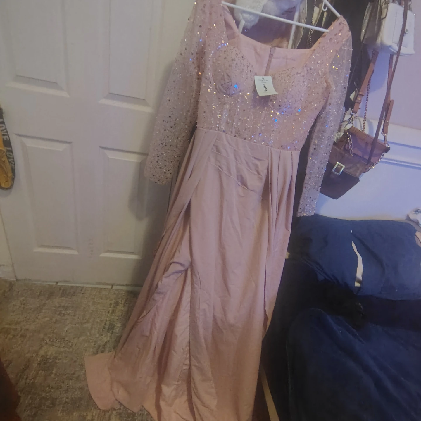 Pink Sequin Long Sleeve Formal Gown