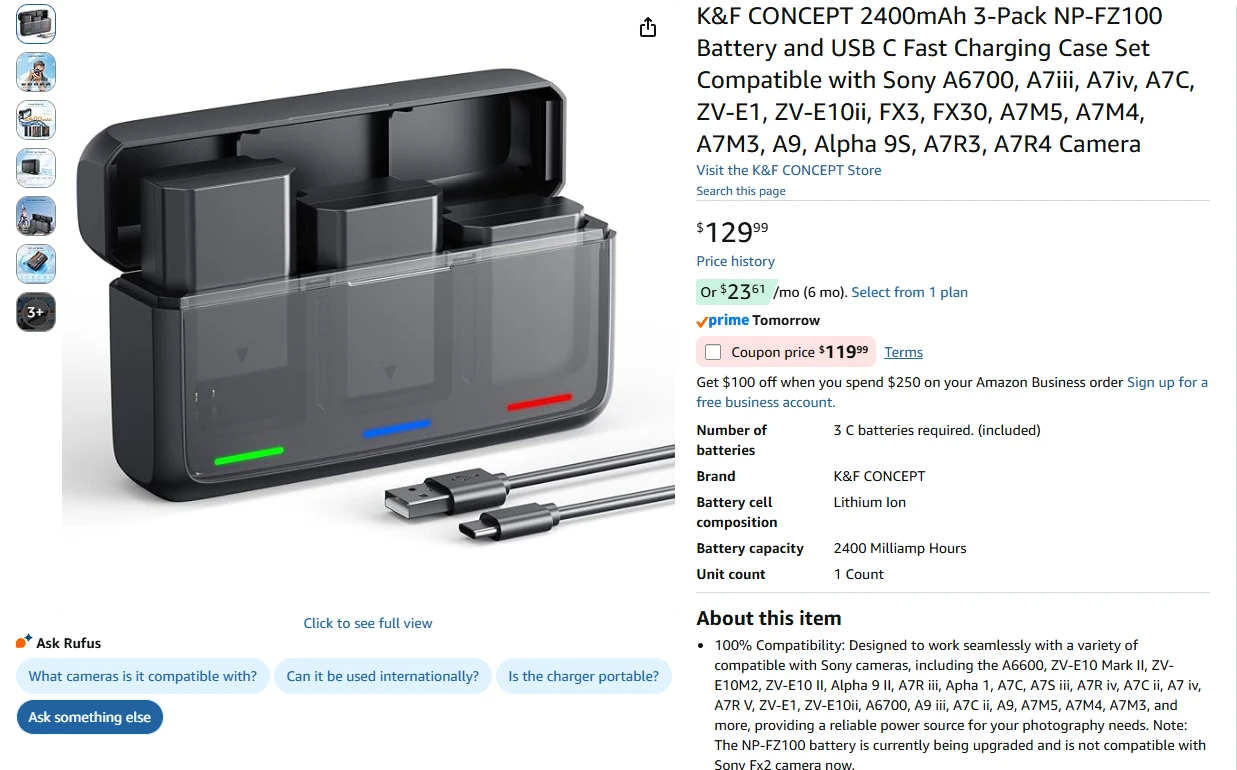 K&F CONCEPT 3-Pack NP-FZ100 Battery and USB C Fast Charging Case - photo 2