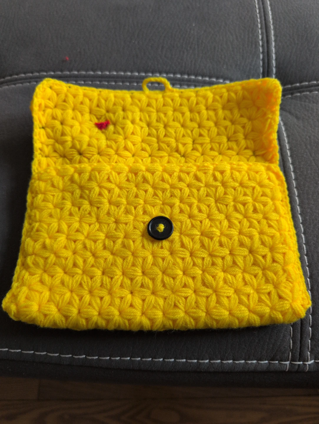 Hand Crocheted Yellow Clutch with Red Flower Accent