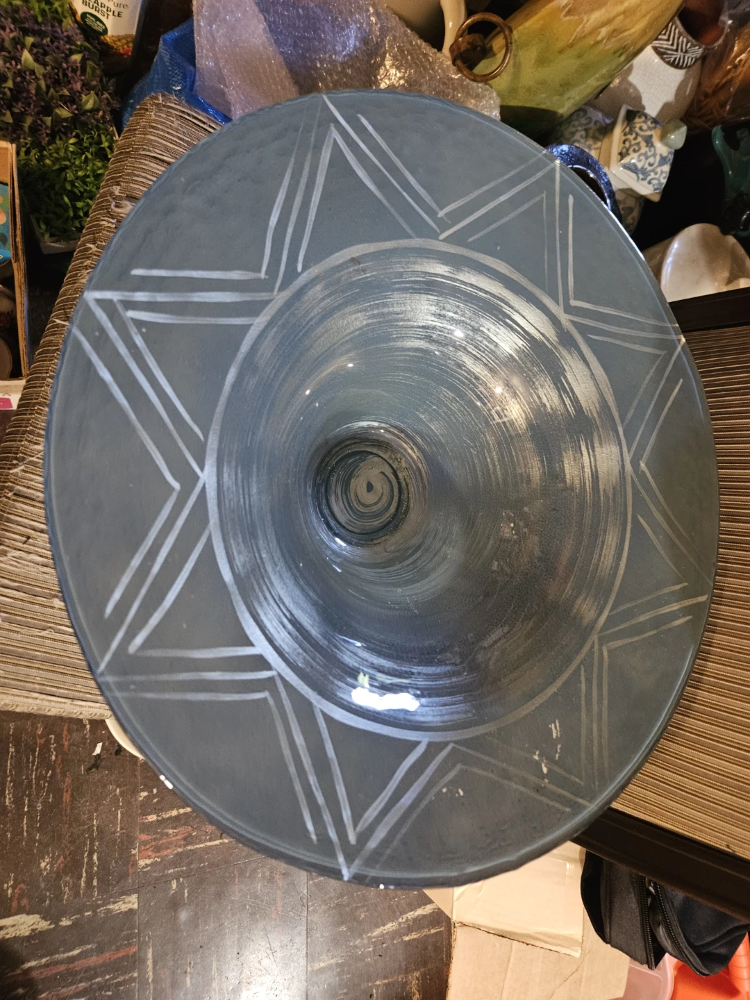 Blue Pedestal Bowl with Geometric Design - photo 4