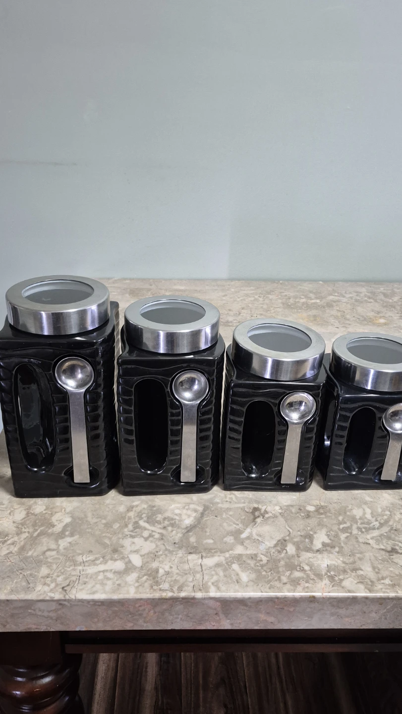 Set of 4 Black Canisters with Spoons