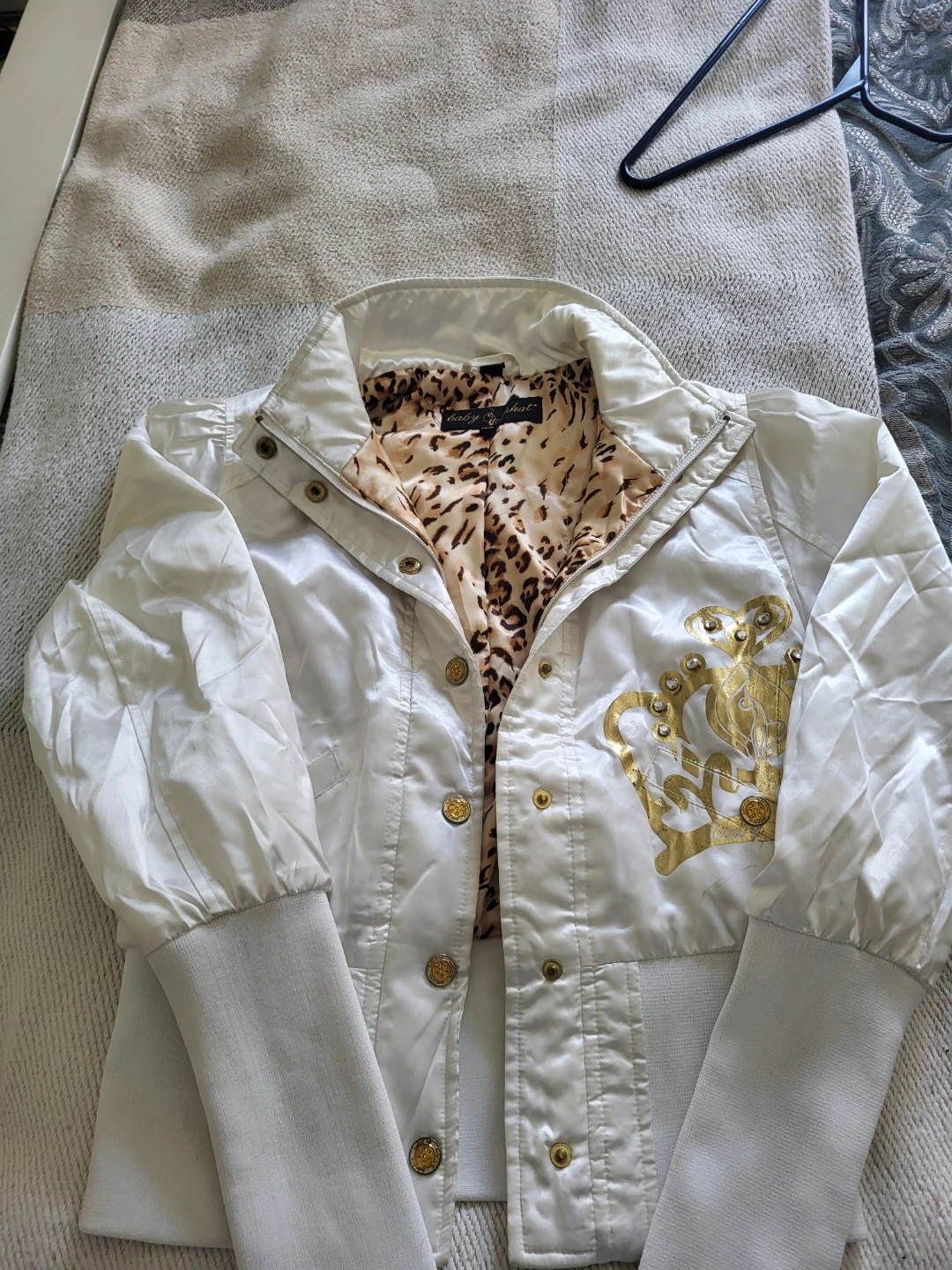 Baby Phat White Bomber Jacket with Gold Crown Detail