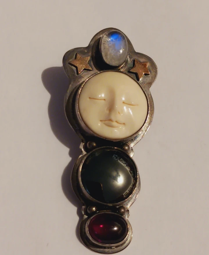 Sajen Sterling Silver Multi Gemstones CarvedFace Goddess Pendant
