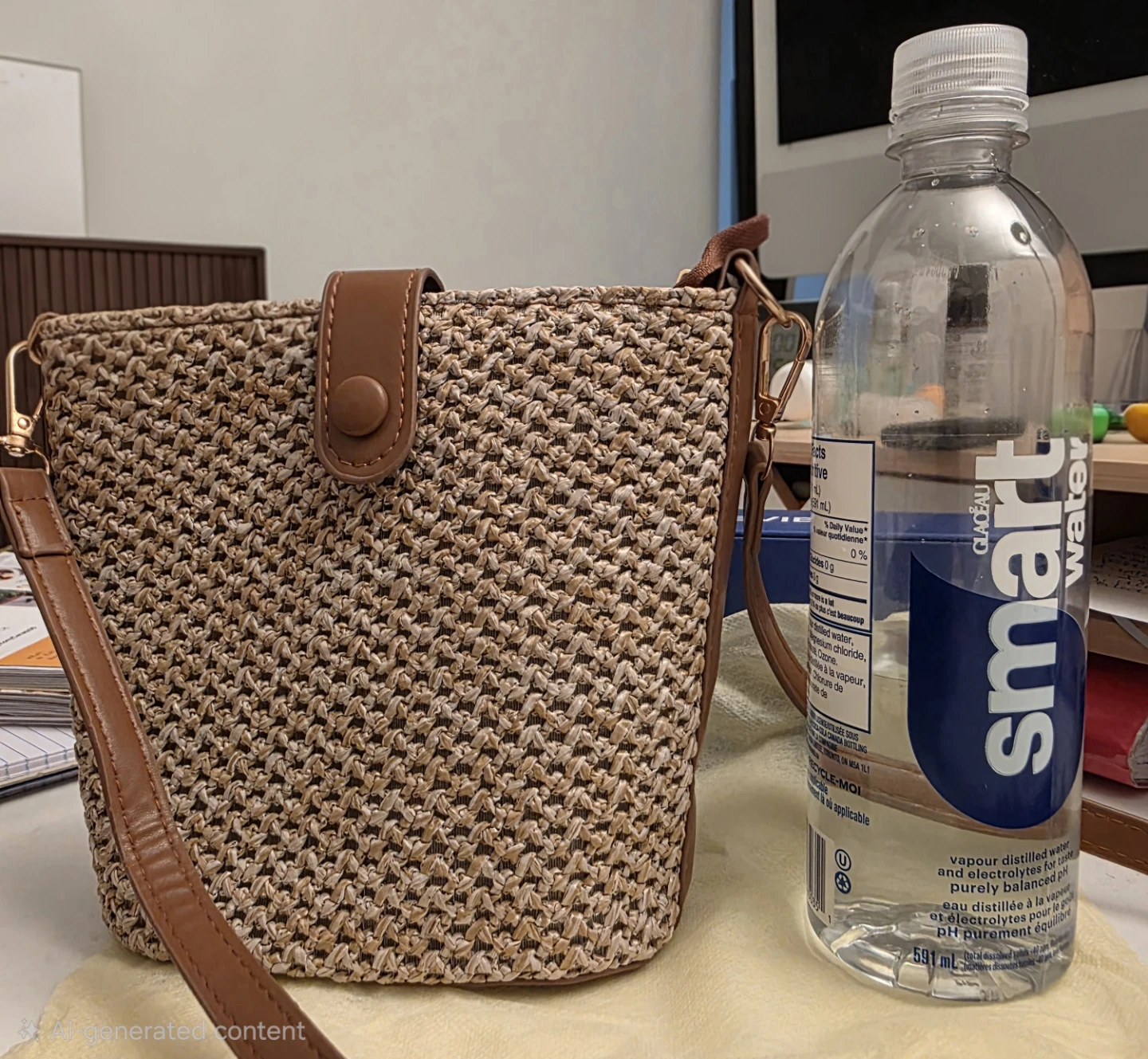 NEW Small Straw Crossbody Bag with Faux Leather Trim - photo 3