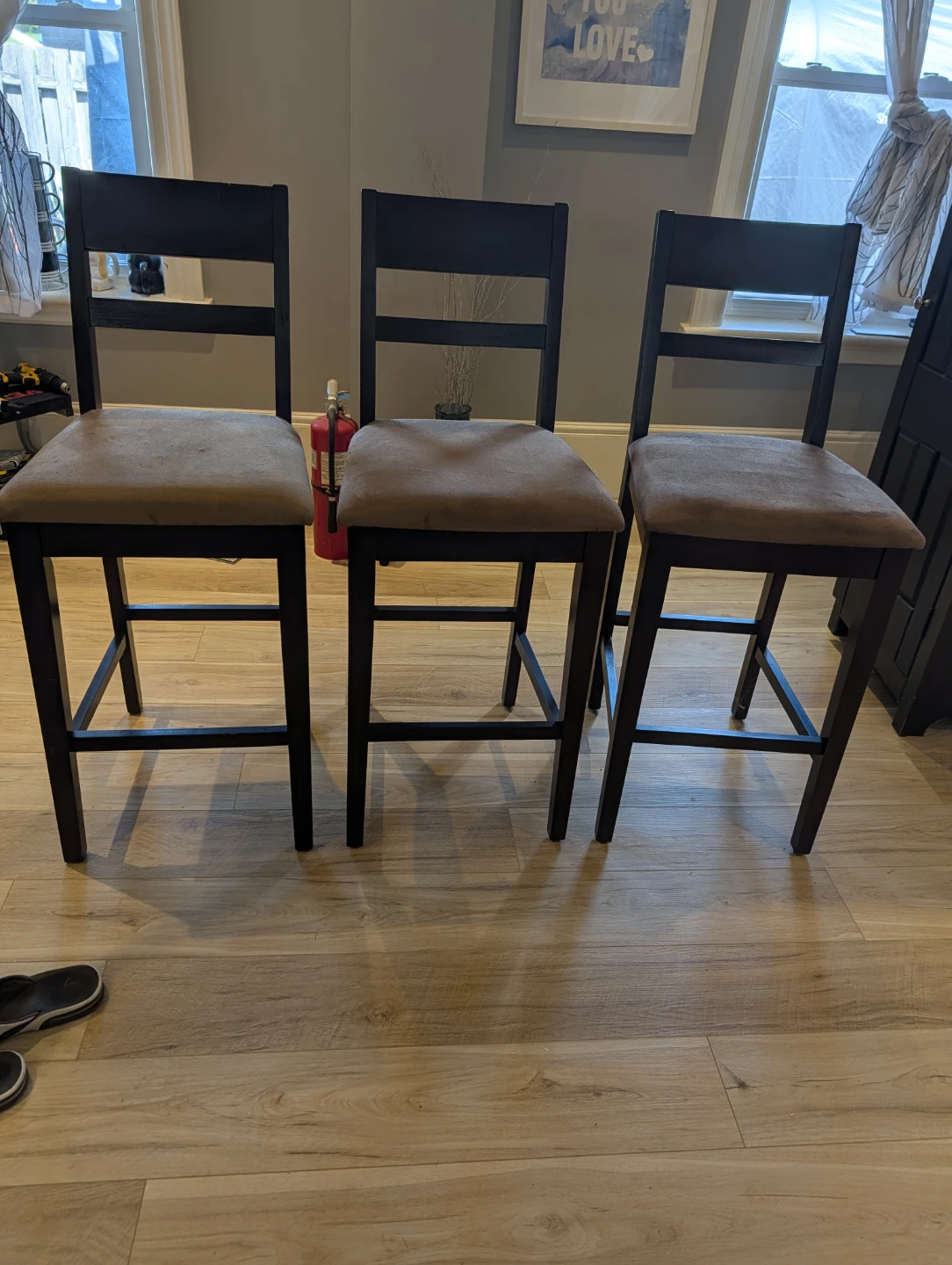 Set of 3 Black Counter Stools with Tan Seats