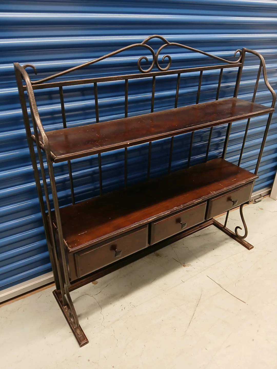 Vintage Metal and Wood Baker's Rack Shelf with Drawers