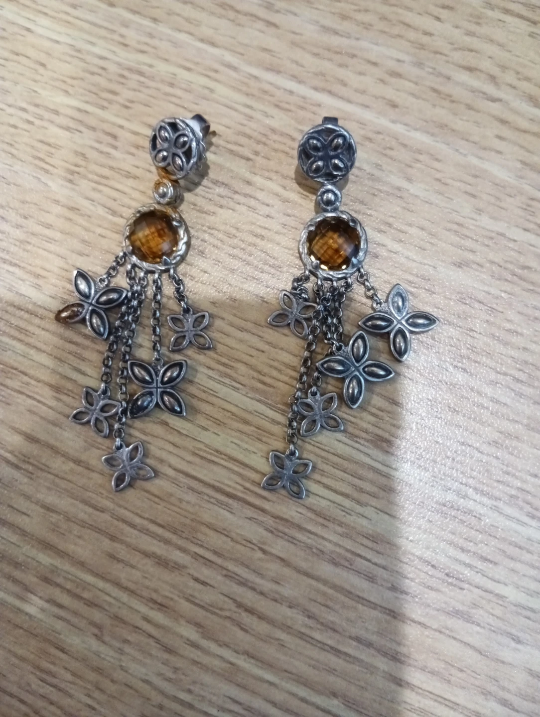 Dangle Earrings with Amber Stones and Flower Charms