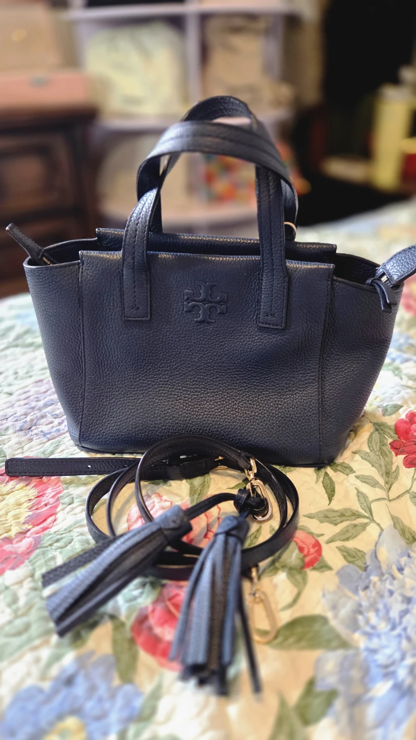 Tory Burch Navy Leather Tote Bag with Tassel Strap