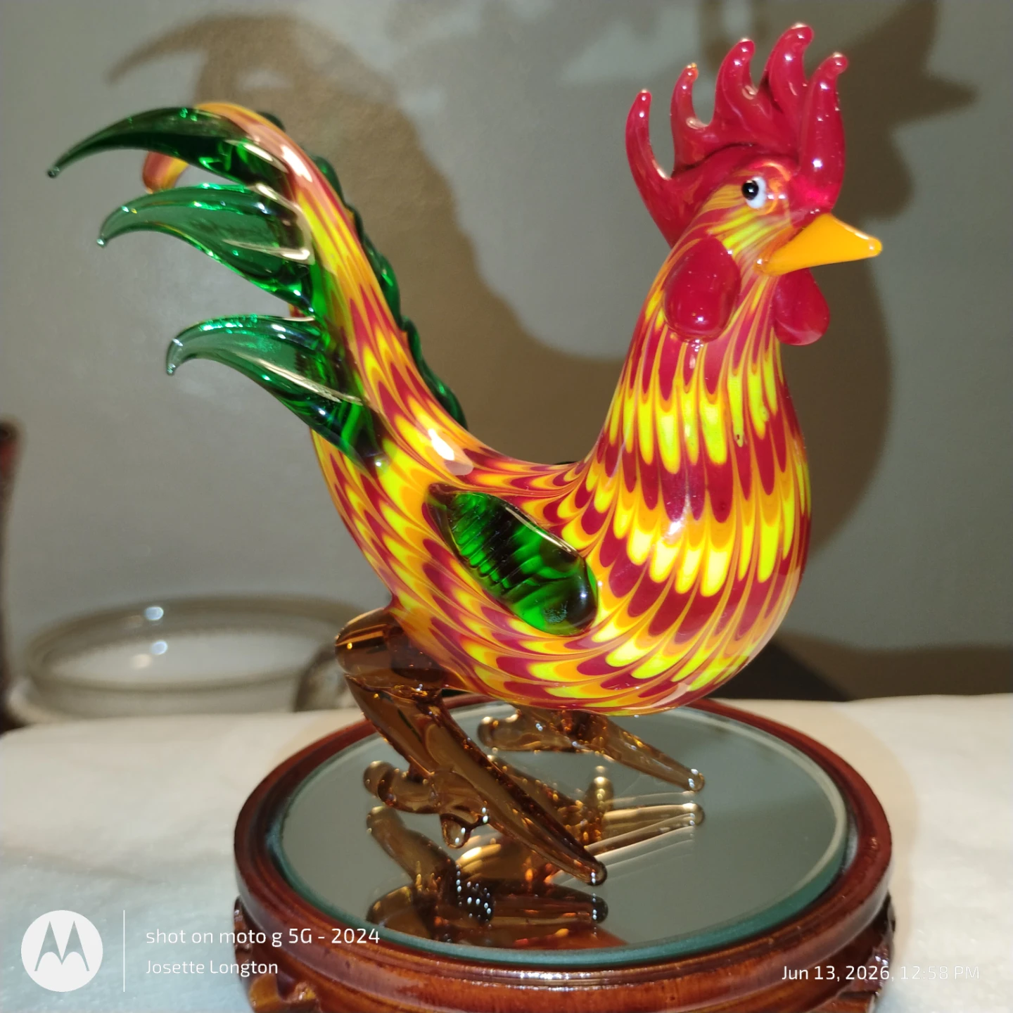 Art Glass Rooster Figurine on Wooden Base