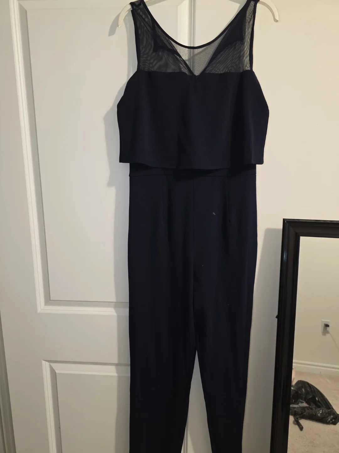 Navy Mesh Neckline Jumpsuit