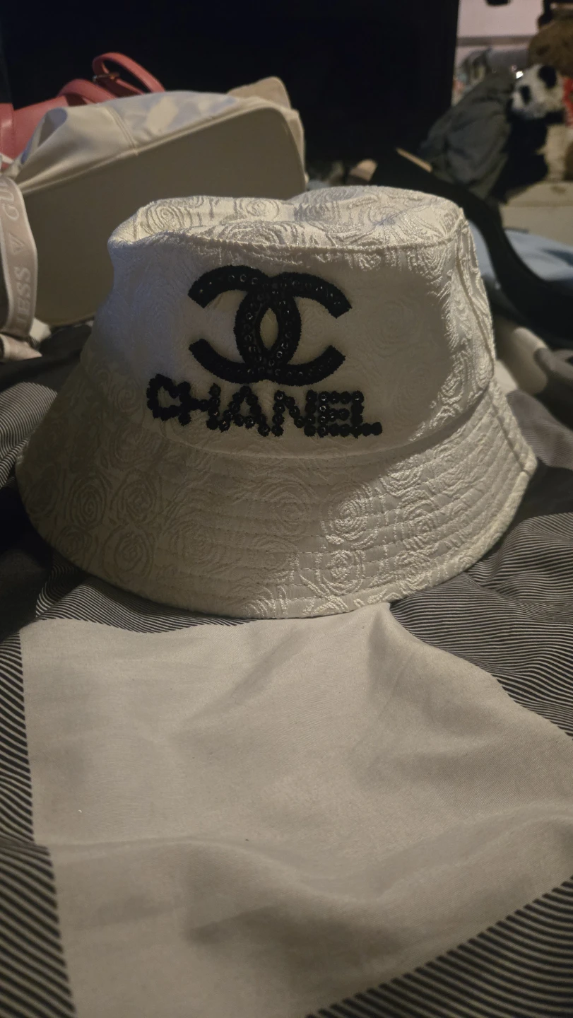White Chanel Bucket Hat with Rhinestone Logo - photo 3
