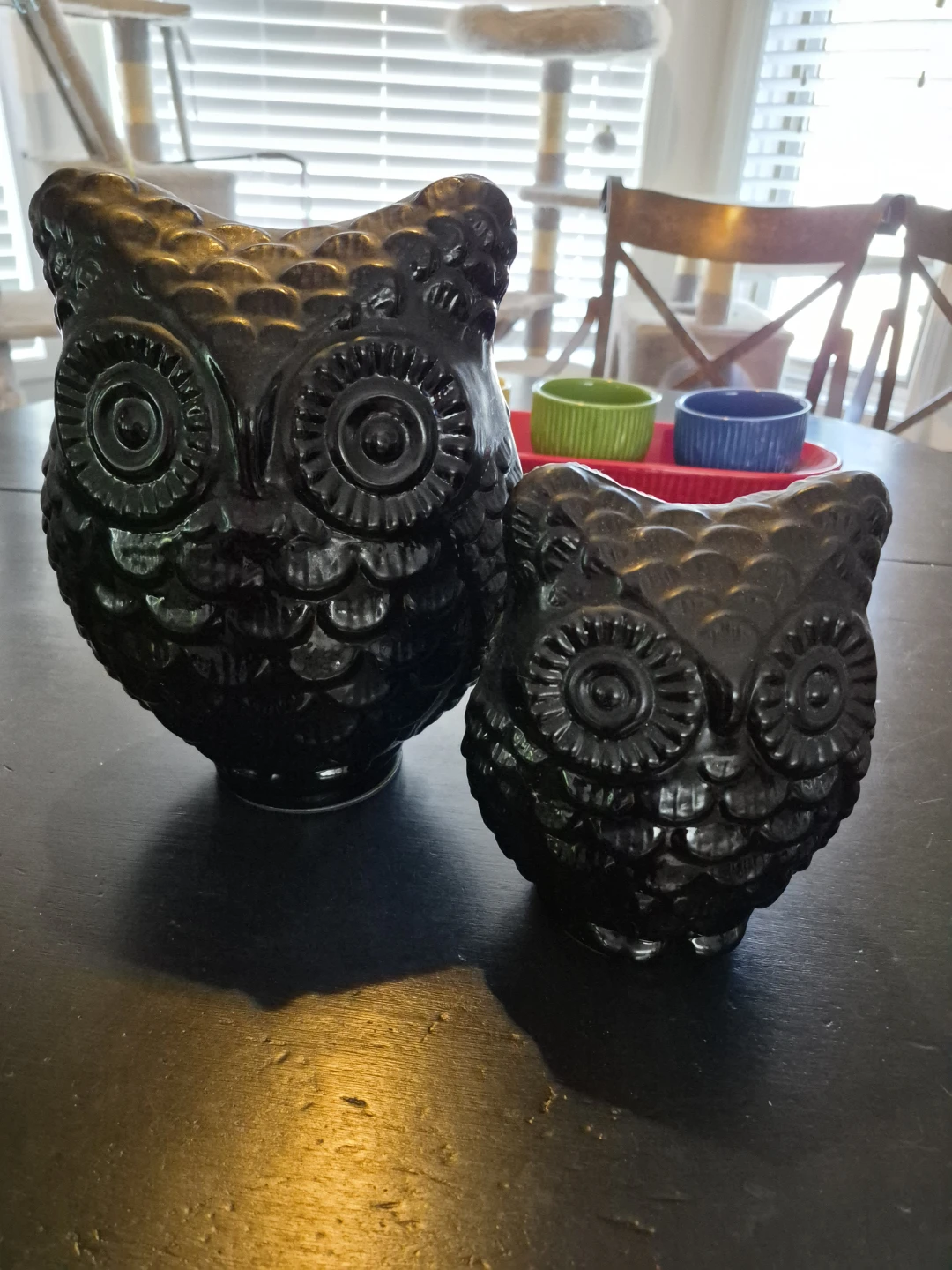 Set of 2 Black Ceramic Owl Figurines