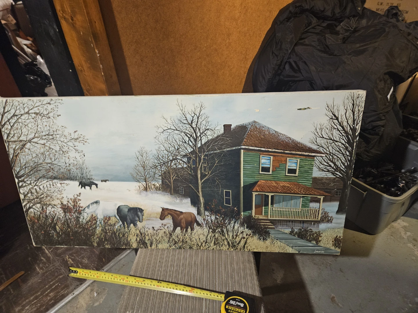 Vintage Horse and Farmhouse Winter Painting - photo 2
