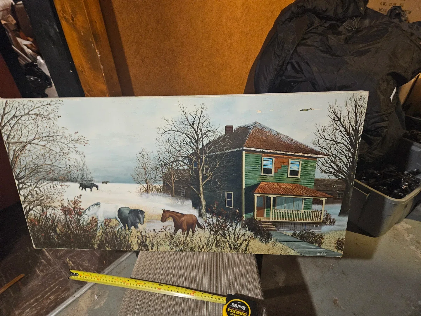 Vintage Horse and Farmhouse Winter Painting - photo 2