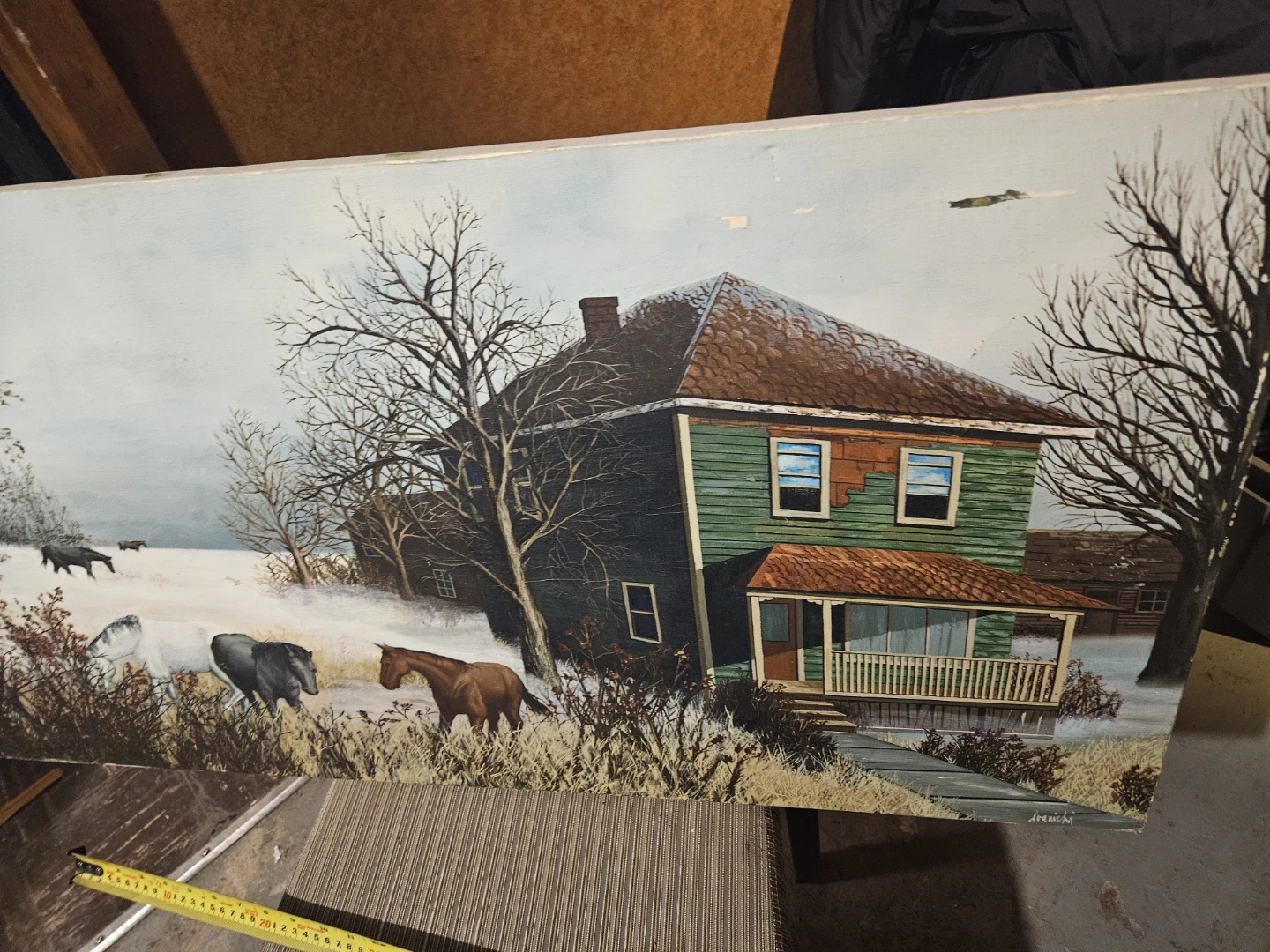 Vintage Horse and Farmhouse Winter Painting - photo 3