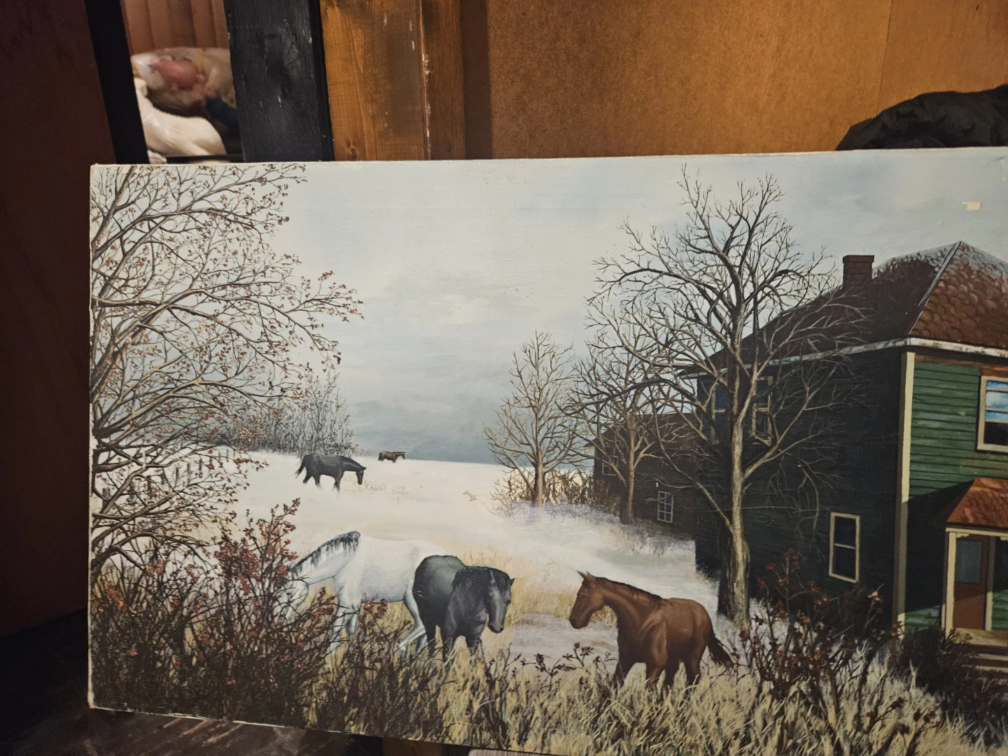 Vintage Horse and Farmhouse Winter Painting - photo 4