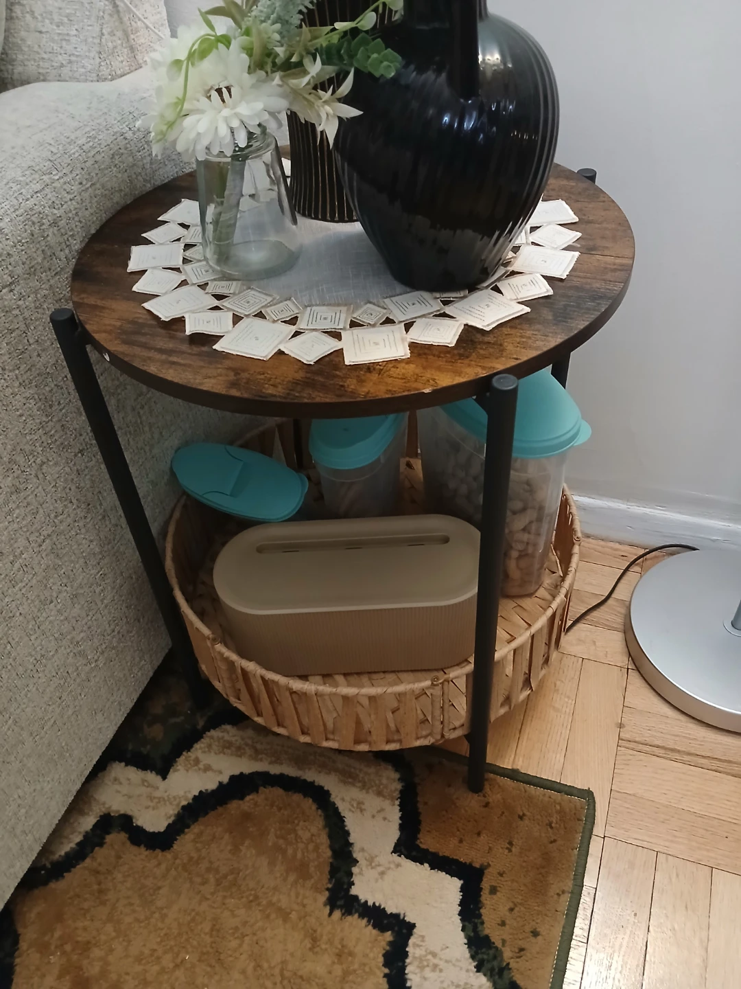 Round Wood Coffee Table with Storage Basket - photo 2