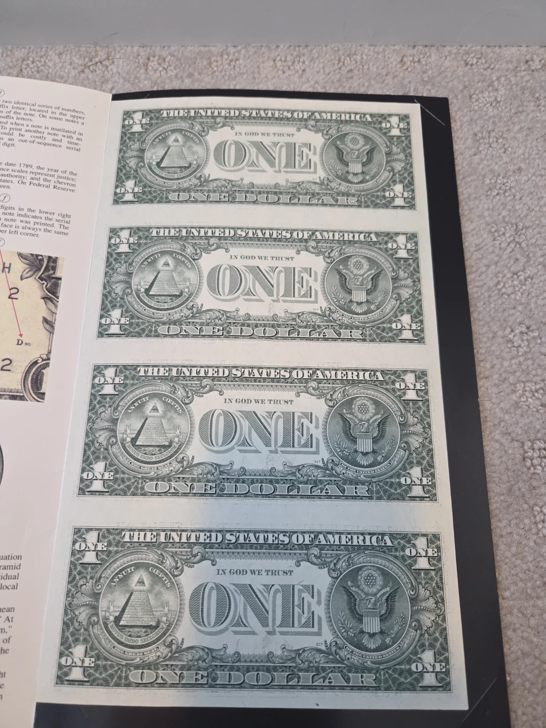 Uncut Sheet of 4 United States One Dollar Bills - photo 2
