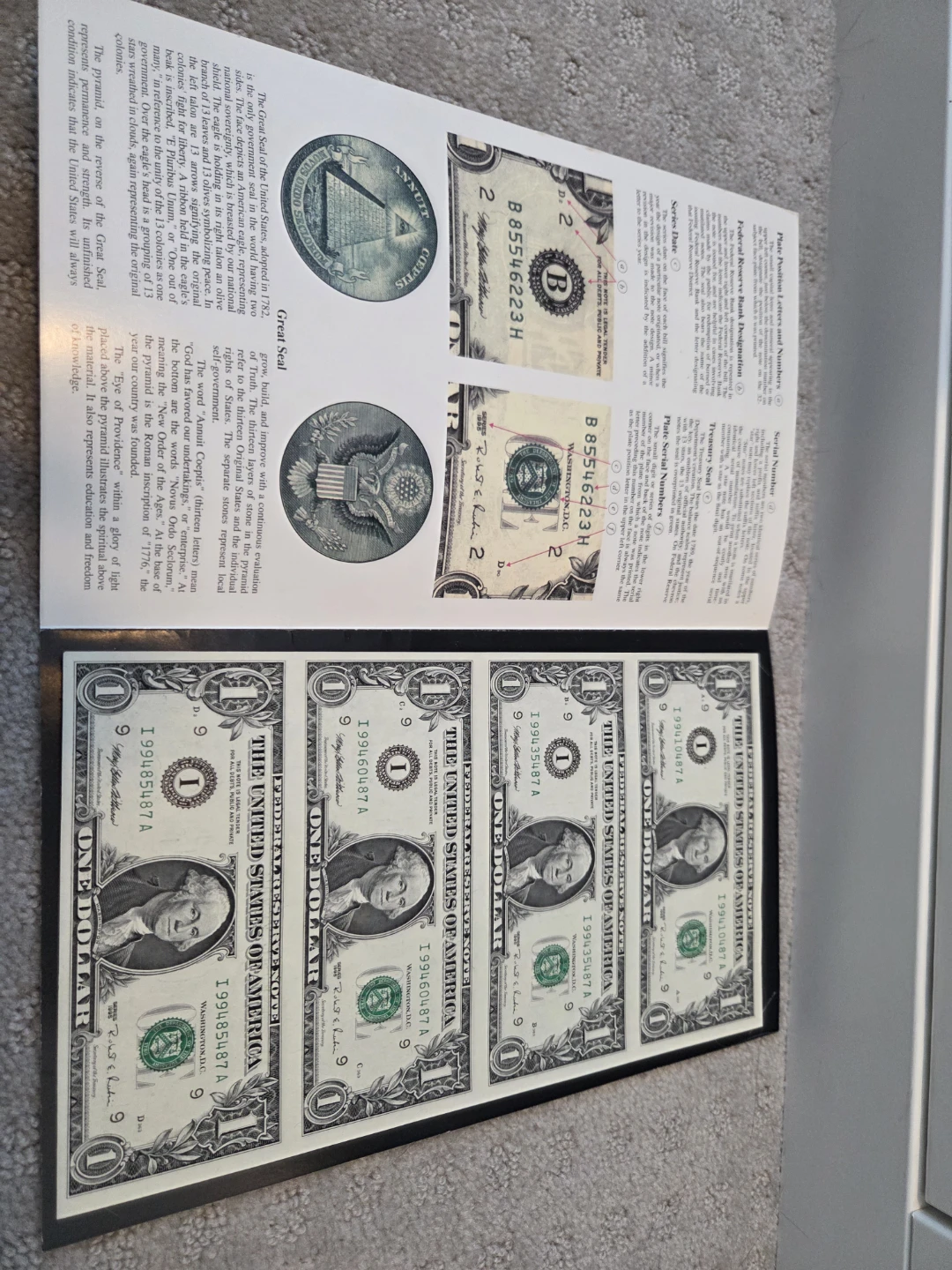 Uncut Sheet of 4 United States One Dollar Bills - photo 3