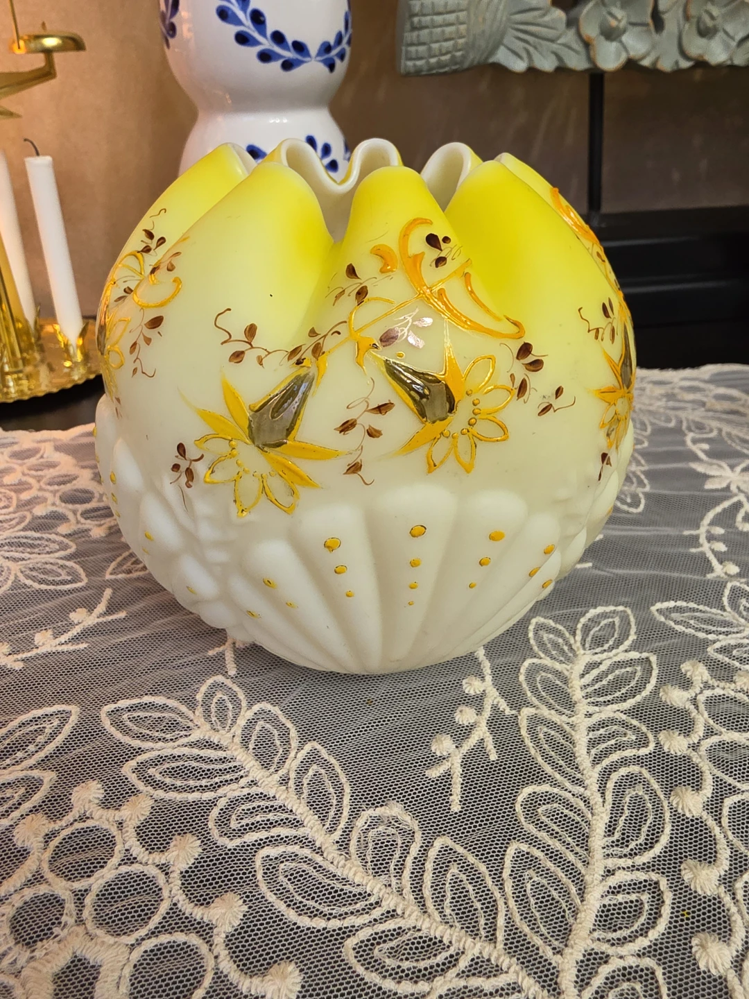 Vtg Victorian Yellow Opalescent Glass Vase with Floral Design
