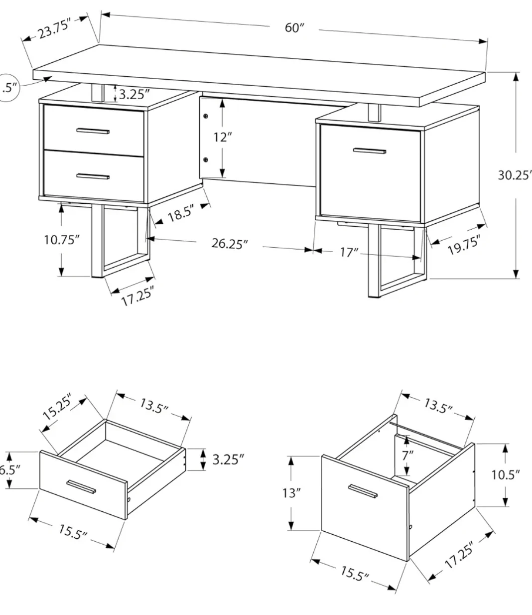 White Modern Desk with Drawers - 60" W - photo 2