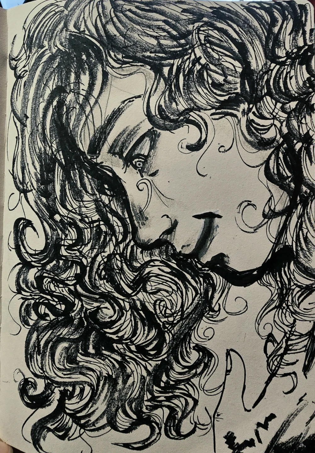 Original Hand-drawn sketch of a woman's face with curly hair