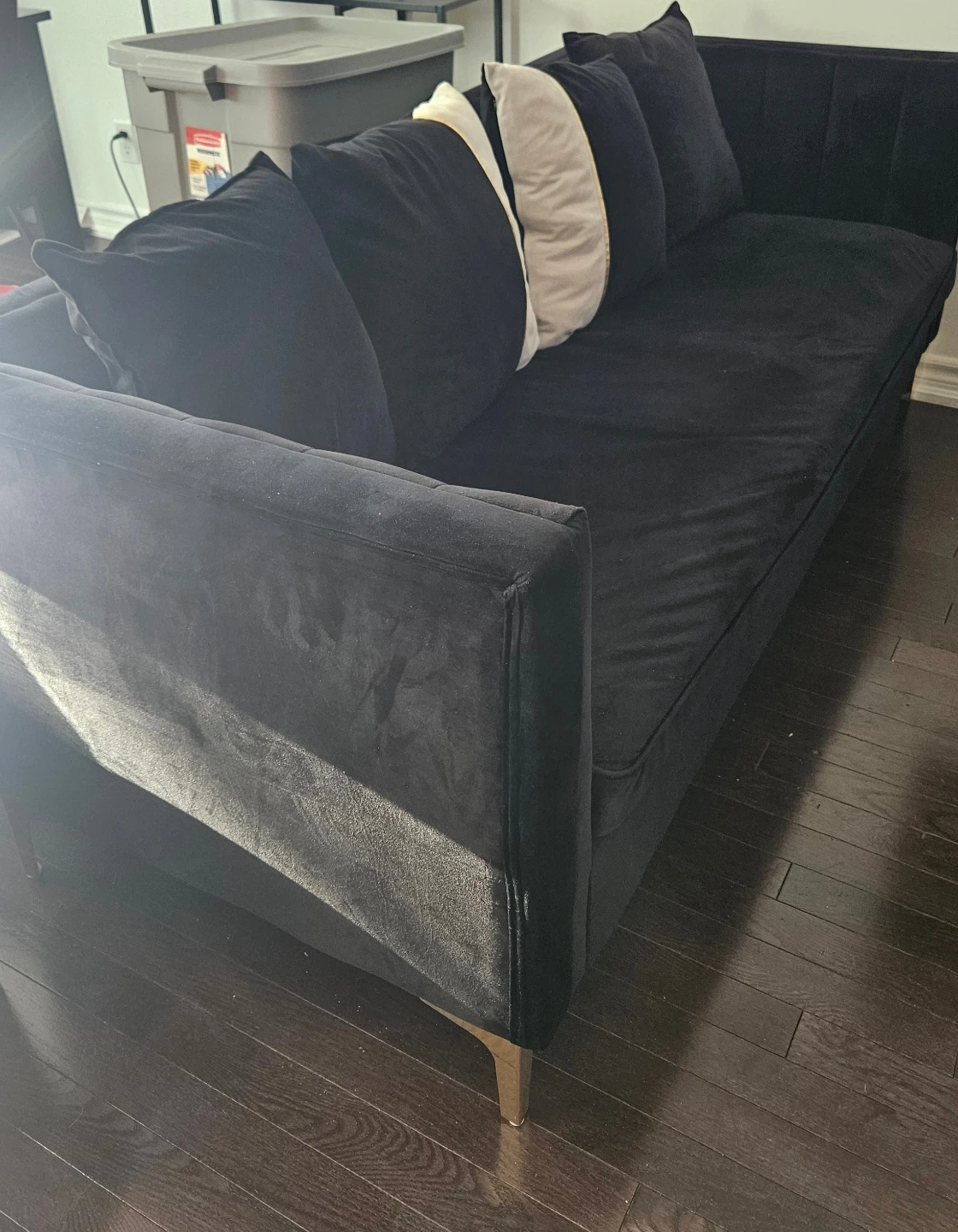 72" Black Velvet Sofa gold legs