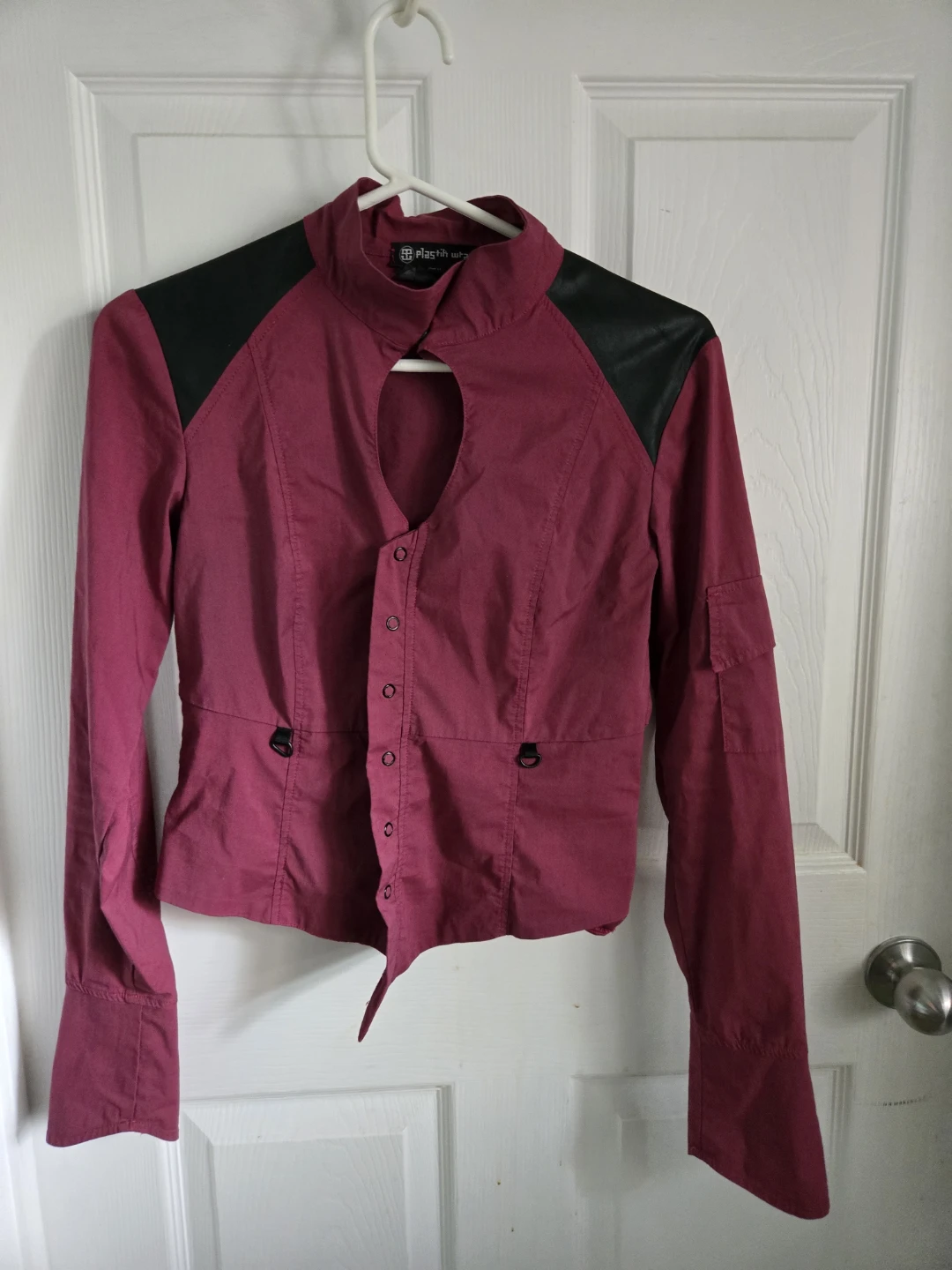 ⚽ PLASTIK WRAP  Burgundy Faux Leather Trim Button-Up Top
