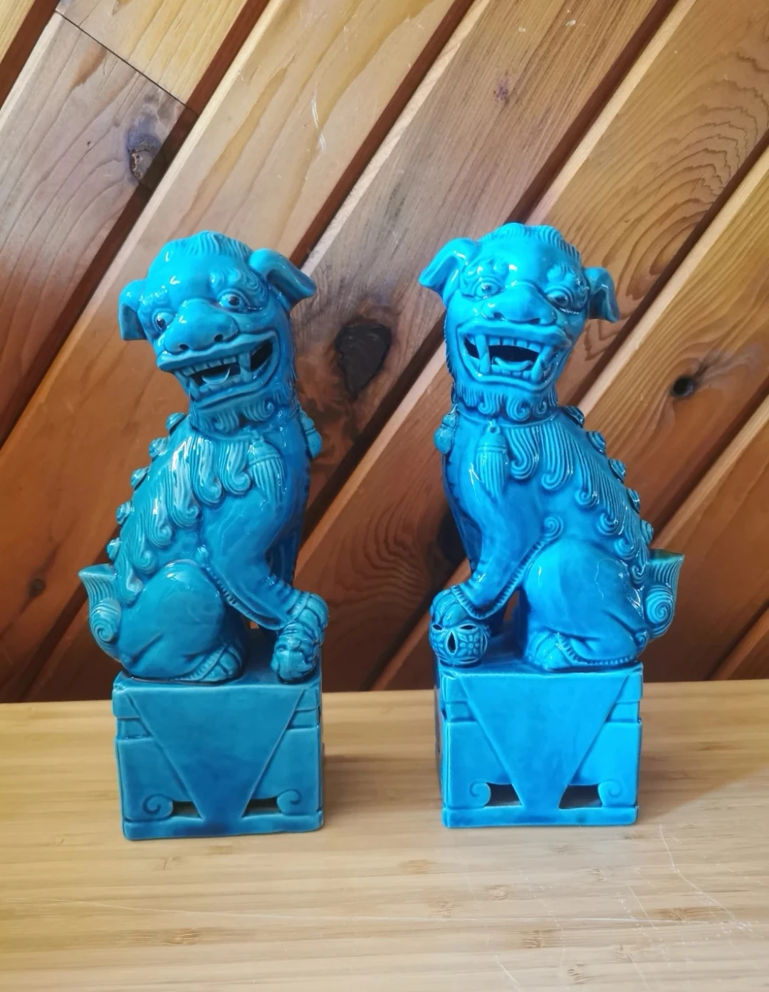 Pair Of Vintage Ceramic Turquoise Blue Foo Dogs