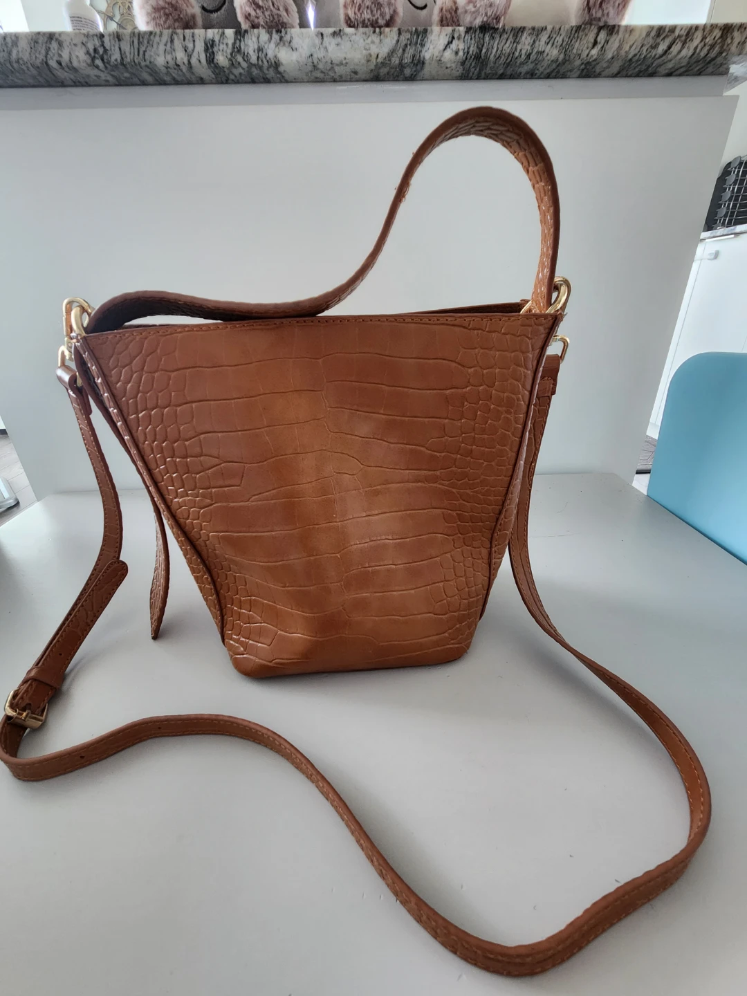 Brown Faux Crocodile Leather Shoulder Bag